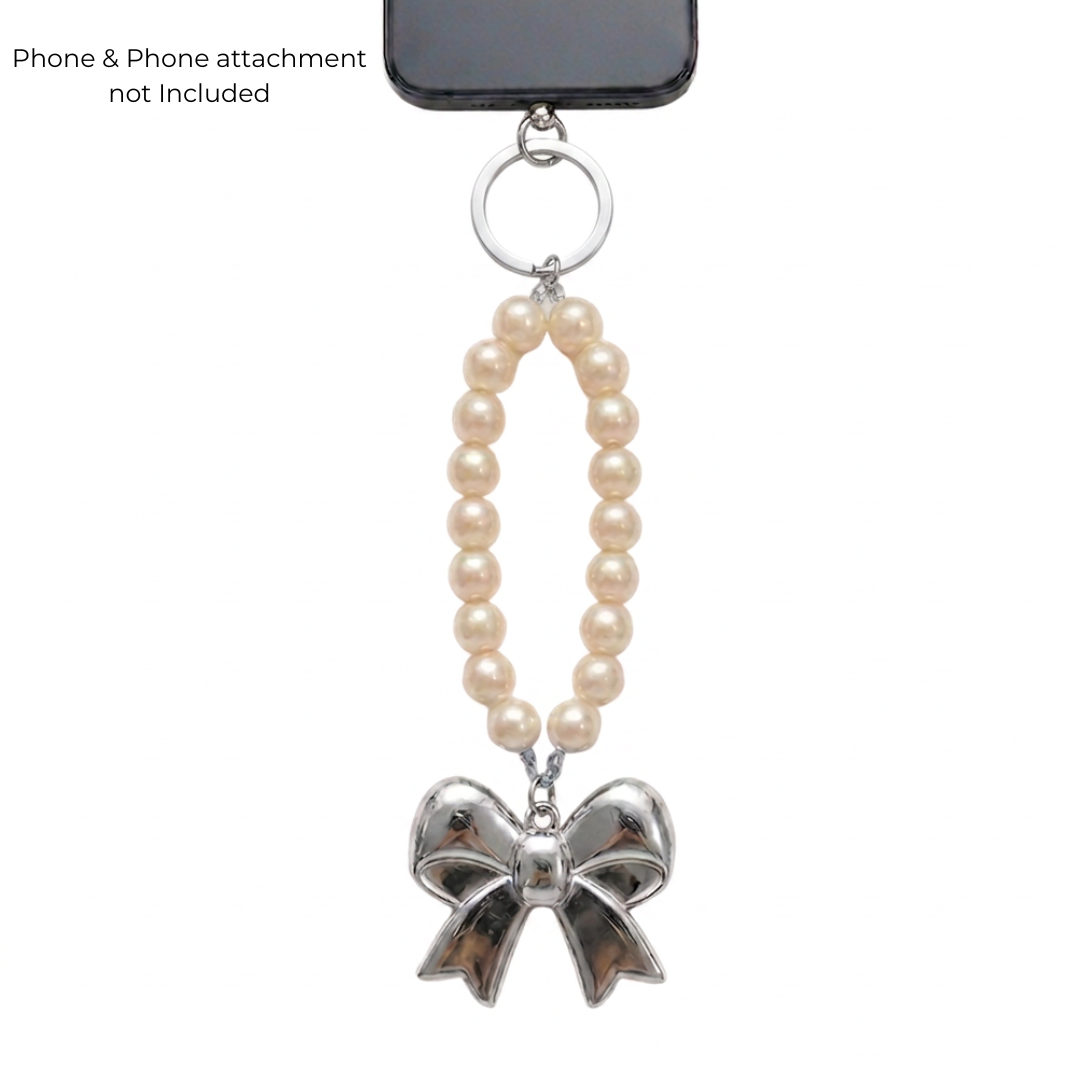 Pearl Bow Charm Phone & Bag Accessory - Off White/Silver