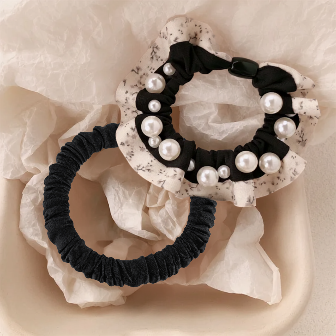 Korean Style Pearl Beaded Hair Scrunchie & Bonus Scrunchie - Vintage Wht/Blk
