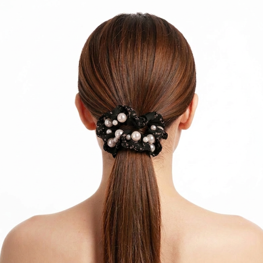 Korean Style Pearl Beaded Hair Scrunchie & Bonus Scrunchie - Blk/Vintage Whit Pattern