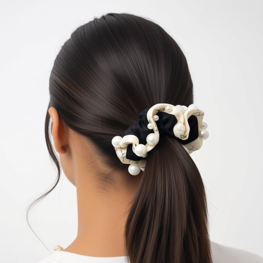 Korean Style Pearl Beaded Hair Scrunchie & Bonus Scrunchie - Vintage Wht/Blk