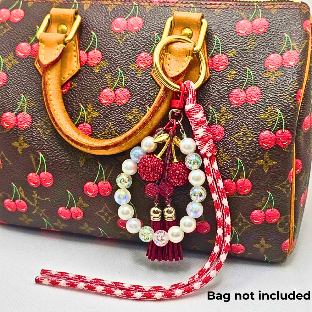 Cherry Pearl Beaded Bag Charm – Elegant Handbag Accessory