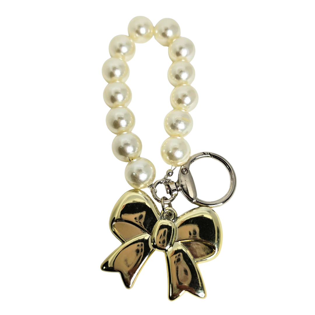 Pearl Bow Charm Phone & Bag Accessory - Off White/Light Gold