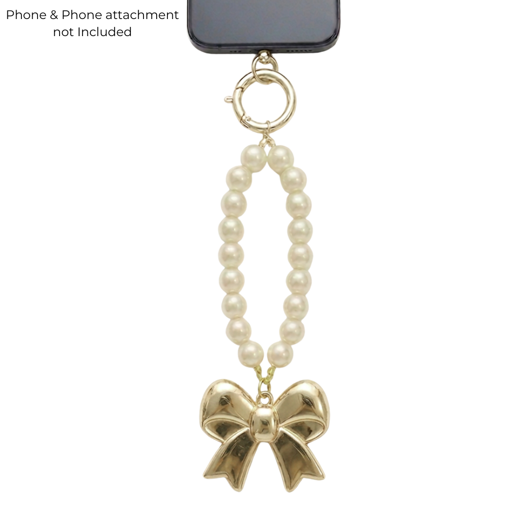 Pearl Bow Charm Phone & Bag Accessory - Off White/Light Gold