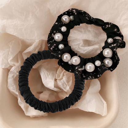 Korean Style Pearl Beaded Hair Scrunchie & Bonus Scrunchie - Blk/Vintage Whit Pattern