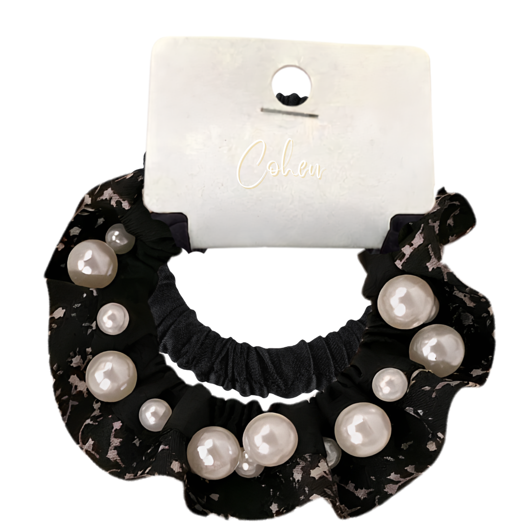 Korean Style Pearl Beaded Hair Scrunchie & Bonus Scrunchie - Blk/Vintage Whit Pattern