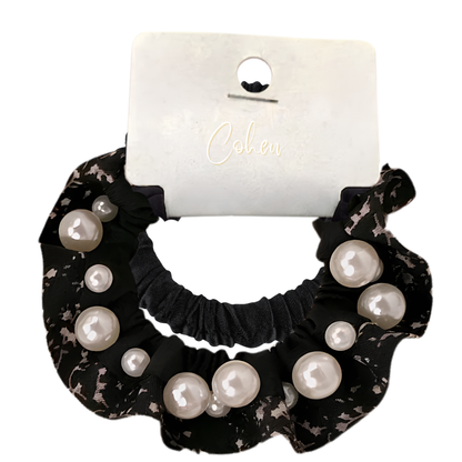 Korean Style Pearl Beaded Hair Scrunchie & Bonus Scrunchie - Blk/Vintage Whit Pattern