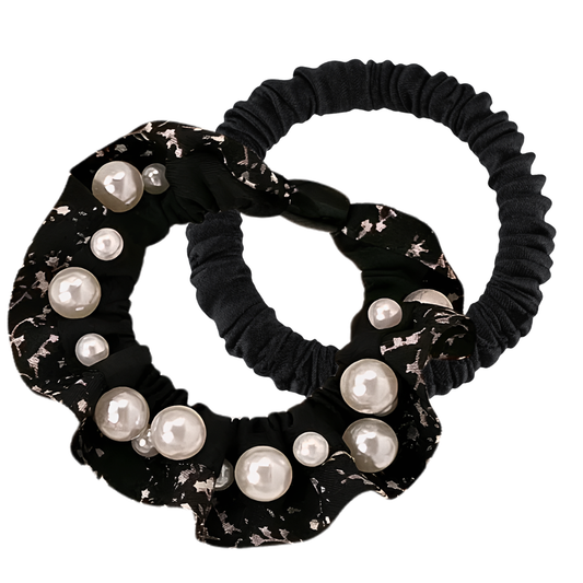 Korean Style Pearl Beaded Hair Scrunchie & Bonus Scrunchie - Blk/Vintage Whit Pattern
