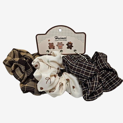 Korean Style Pearl Beaded Hair Scrunchie 3pcs - Brown Vintage Print