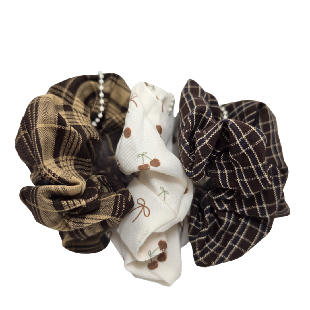 Korean Style Pearl Beaded Hair Scrunchie 3pcs - Brown Vintage Print