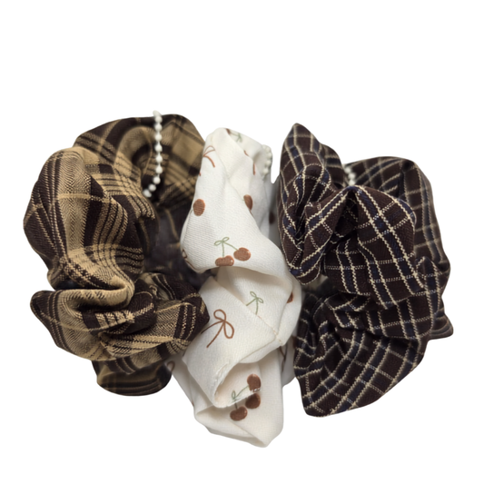 Korean Style Pearl Beaded Hair Scrunchie 3pcs - Brown Vintage Print