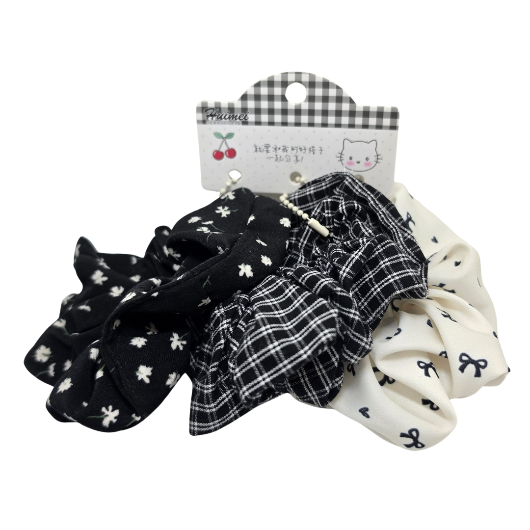 Korean Style Pearl Beaded Hair Scrunchie 3pcs - Blk Vintage Print