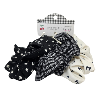 Korean Style Pearl Beaded Hair Scrunchie 3pcs - Blk Vintage Print