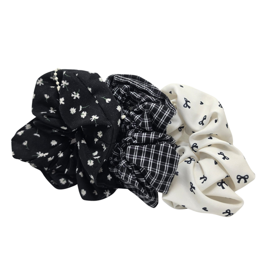 Korean Style Pearl Beaded Hair Scrunchie 3pcs - Blk Vintage Print