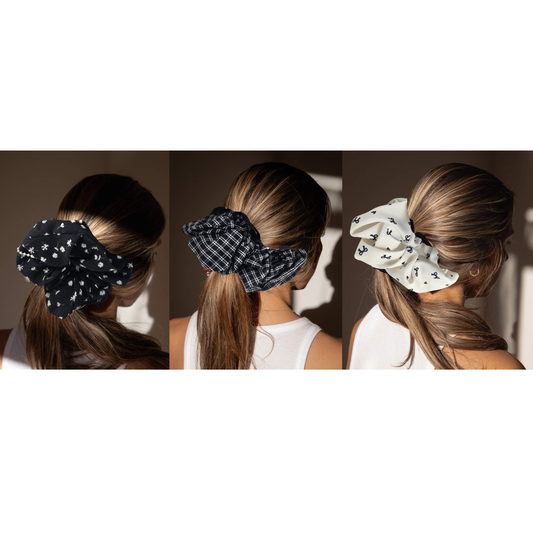 Korean Style Pearl Beaded Hair Scrunchie 3pcs - Blk Vintage Print