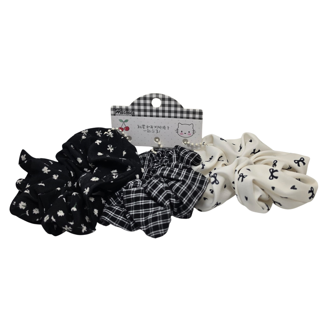 Korean Style Pearl Beaded Hair Scrunchie 3pcs - Blk Vintage Print