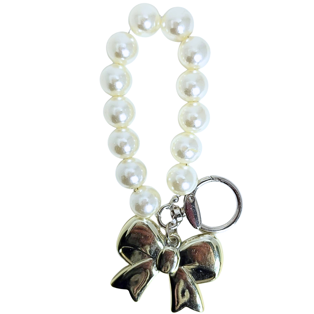 Pearl Bow Charm Phone & Bag Accessory - Off White/Silver