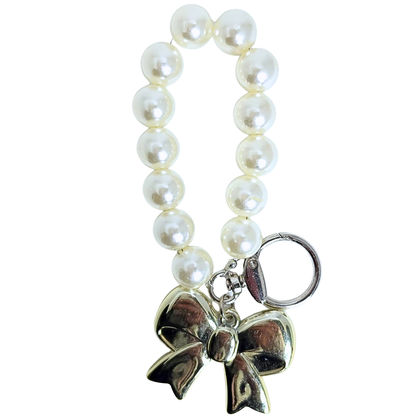 Pearl Bow Charm Phone & Bag Accessory - Off White/Silver