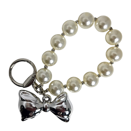 Pearl, Puffy Bow Charm Phone & Bag Accessory - Off White/Silver