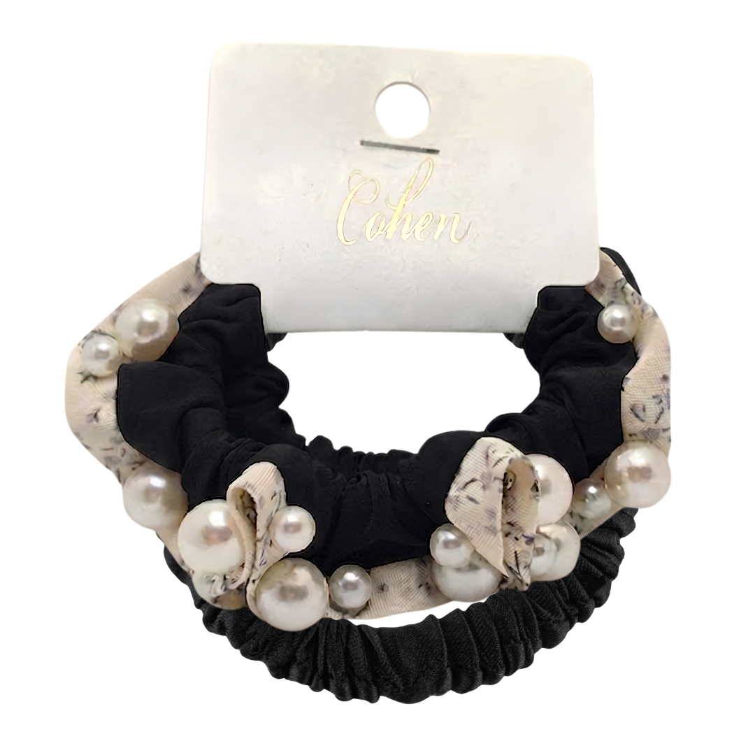 Korean Style Pearl Beaded Hair Scrunchie & Bonus Scrunchie - Vintage Wht/Blk