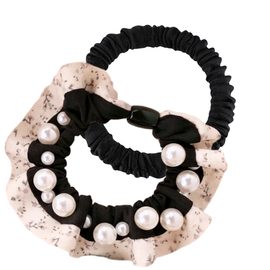 Korean Style Pearl Beaded Hair Scrunchie & Bonus Scrunchie - Vintage Wht/Blk