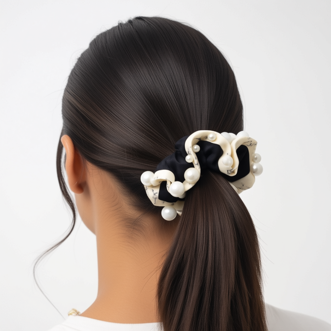 Korean Style Pearl Beaded Hair Scrunchie & Bonus Scrunchie - Vintage Wht/Blk