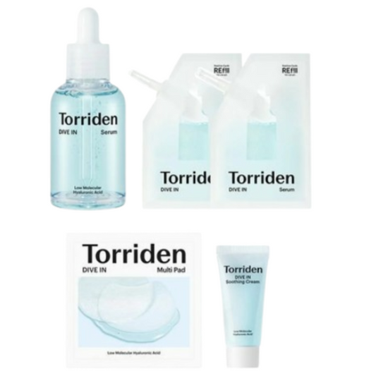 Torriden Dive In Serum 50ml, 2 x 50ml refill sachels, Dive In Cream 20ml, Dive In Pad 10 Sheets Set